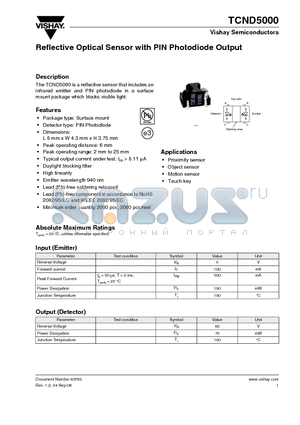 TCND5000 datasheet - Reflective Optical Sensor with PIN Photodiode Output