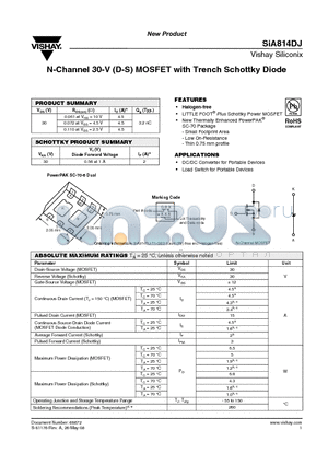 SIA814DJ-T1-GE3 datasheet - N-Channel 30-V (D-S) MOSFET with Trench Schottky Diode