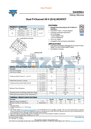 SIA929DJ datasheet - Dual P-Channel 30-V (D-S) MOSFET
