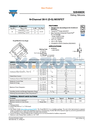 SIB408DK datasheet - N-Channel 30-V (D-S) MOSFET