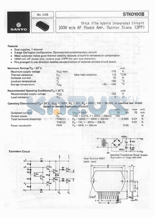 STK0100II datasheet - Thick Film Hybrid Integrated Circuit 100W MIN AF POWER AMP, OUTPUT STAGE (DPP)