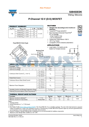 SIB455EDK-T1-GE3 datasheet - P-Channel 12-V (D-S) MOSFET