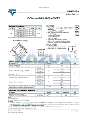 SIB457EDK datasheet - P-Channel 20-V (D-S) MOSFET