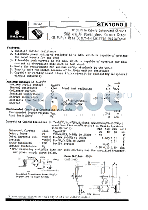 STK1050II datasheet - Thick Film Hybrid Integrated Circuit 50W min AF Power Amp Output Stage With Built-in Emitter Resistance