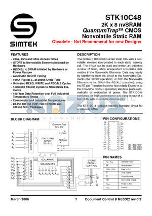 STK10C48-NF25I datasheet - 2K x 8 nvSRAM QuantumTrap CMOS Nonvolatile Static RAM