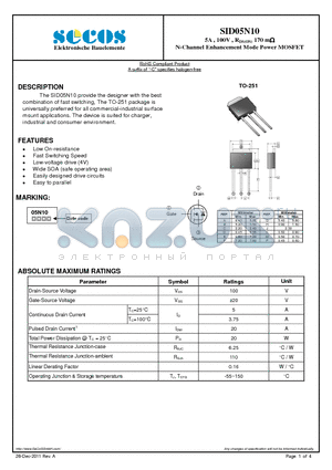 SID05N10 datasheet - 5A , 100V , RDS(ON) 170 m N-Channel Enhancement Mode Power MOSFET