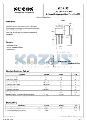 SID9435 datasheet - P-Channel Enhancement Mode Power Mos.FET