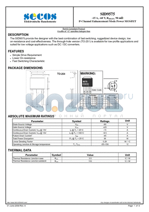 SID9575 datasheet - P-Channel Enhancement Mode Power MOSFET