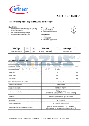 SIDC03D60C6 datasheet - Fast switching diode chip in EMCON 3 -Technology