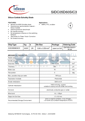 SIDC05D60SIC3 datasheet - Silicon Carbide Schottky Diode