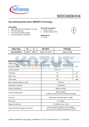 SIDC08D60C6 datasheet - Fast switching diode chip in EMCON 3 -Technology