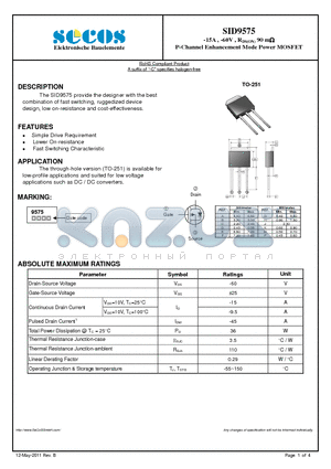 SID9575 datasheet - P-Channel Enhancement Mode Power MOSFET