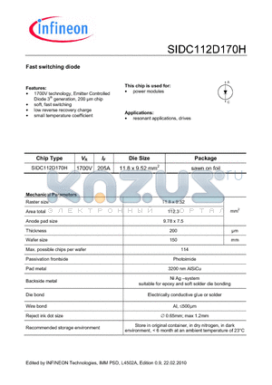 SIDC112D170H datasheet - Fast switching diode