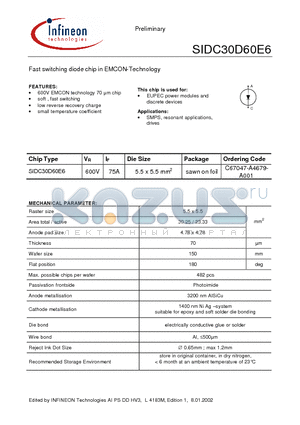 SIDC30D60E6 datasheet - Fast switching diode chip in EMCON-Technology