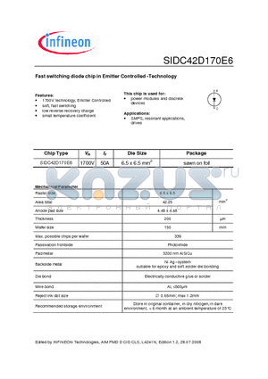 SIDC42D170E6 datasheet - Fast switching diode chip in Emitter Controlled -Technology