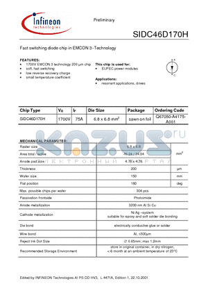 SIDC46D170H datasheet - Fast switching diode chip in EMCON 3 -Technology