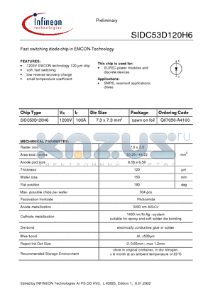 SIDC53D120H6 datasheet - Fast switching diode chip in EMCON-Technology