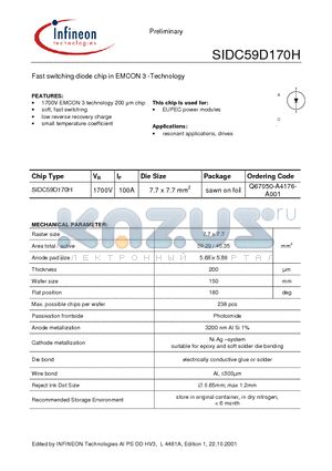 SIDC59D170H datasheet - Fast Switching Diode Chip in EMCON3-Technology