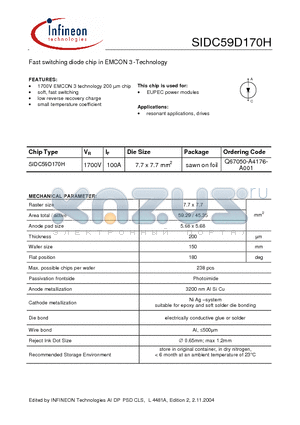 SIDC59D170H datasheet - Fast switching diode chip in EMCON 3 -Technology