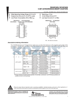 SNJ54HC4020J datasheet - 14-BIT ASYNCHRONOUS BINARY COUNTERS