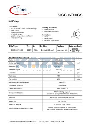 SIGC06T60GS datasheet - IGBT3 Chip 600V Trench & Field Stop technology positive temperature coefficient