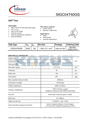SIGC04T60GS datasheet - IGBT3 Chip 600V Trench & Field Stop technology positive temperature coefficient