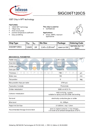 SIGC06T120CS datasheet - IGBT Chip in NPT-technology