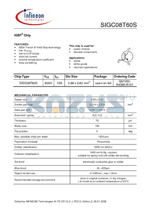 SIGC08T60S datasheet - IGBT3 Chip 600V Trench & Field Stop technology positive temperature coefficient