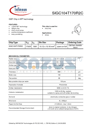 SIGC104T170R2C datasheet - IGBT Chip in NPT-technology