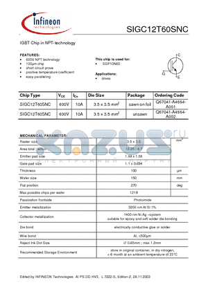 SIGC12T60SNC datasheet - IGBT Chip in NPT-technology 600V NPT technology positive temperature coefficient