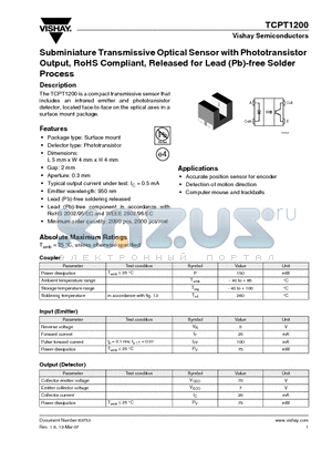 TCPT1200_07 datasheet - Subminiature Transmissive Optical Sensor with Phototransistor Output, RoHS Compliant, Released for Lead (Pb)-free Solder Process