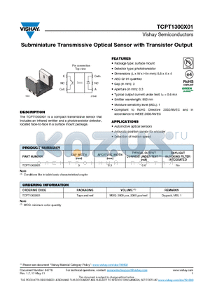 TCPT1300X01 datasheet - Subminiature Transmissive Optical Sensor with Transistor Output