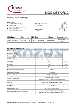 SIGC42T170R2C datasheet - IGBT Chip in NPT-technology