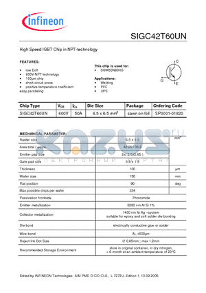 SIGC42T60UN datasheet - High Speed IGBT Chip in NPT-technology positive temperature coefficient easy paralleling