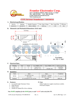 SIH1005-01 datasheet - CCFL Inverter Transformer