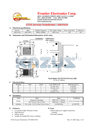 SIH1510-01 datasheet - CCFL Inverter Transformer