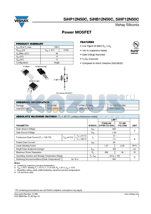 SIHB12N50C-E3 datasheet - 100 % Avalanche Tested Compliant to RoHS Directive 2002/95/EC
