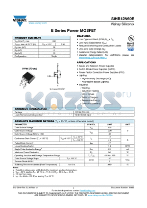 SIHB12N60E datasheet - E Series Power MOSFET