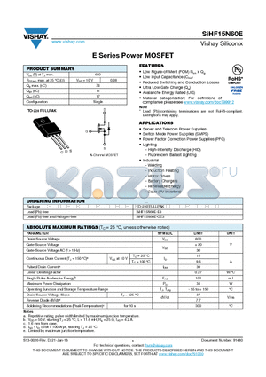 SIHF15N60E datasheet - E Series Power MOSFET