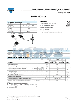 SIHF16N50C-E3 datasheet - Gate Charge Improved Compliant to RoHS Directive 2002/95/EC