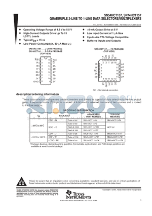 SNJ54HCT157FK datasheet - QUADRUPLE 2-LINE TO 1-LINE DATA SELECTORS/MULTIPLEXERS