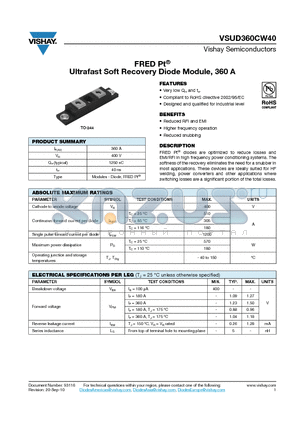 VSUD360CW40 datasheet - FRED Pt Ultrafast Soft Recovery Diode Module, 360 A