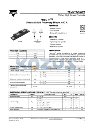 VSUD400CW60 datasheet - Ultrafast Soft Recovery Diode, 400 A