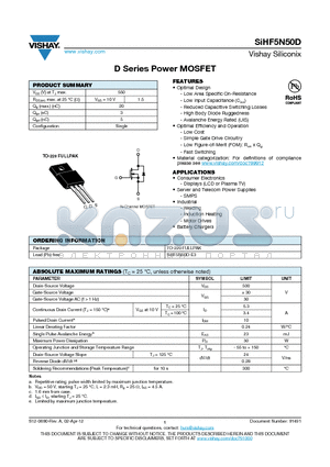SIHF5N50D datasheet - D Series Power MOSFET