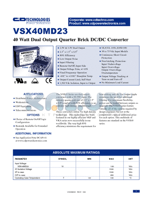 VSX40MD23 datasheet - 40 WATT DUAL OUTPUT QUARTER BRICK DC/DC CONVERTER