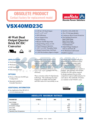 VSX40MD23-1C datasheet - 40 Watt Dual Output Quarter Brick DC/DC Converter
