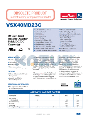 VSX40MD23-UC datasheet - 40 Watt Dual Output Quarter Brick DC/DC Converter