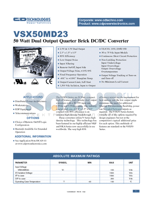 VSX50MD23-1U datasheet - 50 WATT DUAL OUTPUT QUARTER BRICK DC/DC CONVERTER