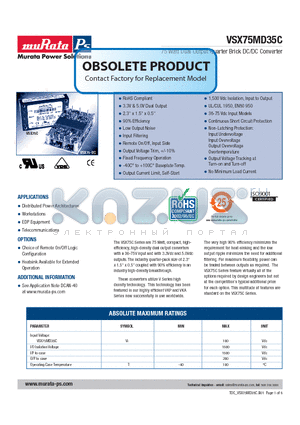 VSX75MD35-1C datasheet - 75 Watt Dual Output Quarter Brick DC/DC Converter