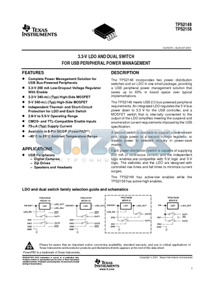 TPS2148IDGN datasheet - 3.3-V LDO AND DUAL SWITCH FOR USB PERIPHERAL POWER MANAGEMENT